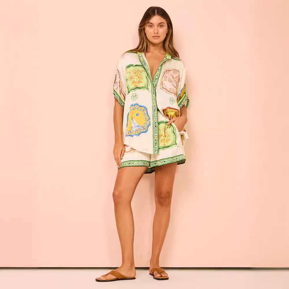 Loose Fashionable Printed Satin Shirt Collar Suits
