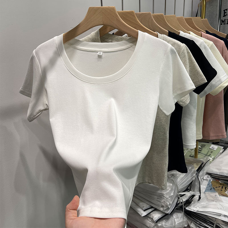 Women's Cotton White Round Neck Shoulder Short-sleeved Tops