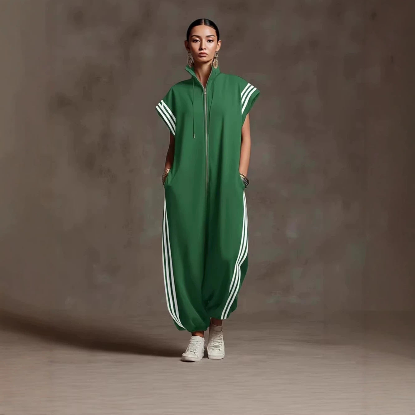 Zipped Stand Collar Striped Contrast Color Fashion Quick Women's Jumpsuit/clothing