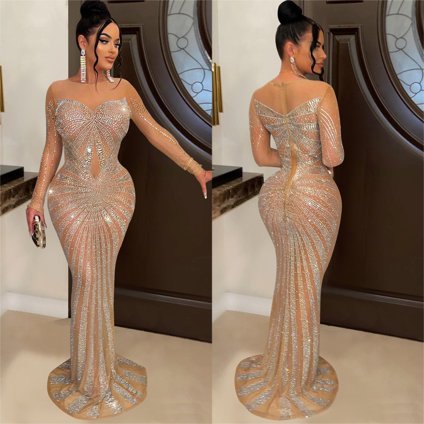 Women's Wear Pure Color Mesh Rhinestone Long Dresses