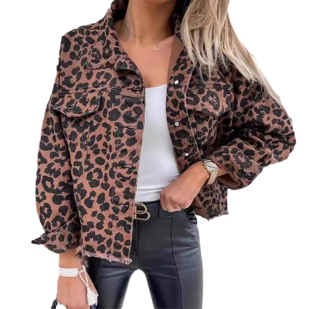 Women's Denim Leopard Print Long Sleeve Loose Jackets