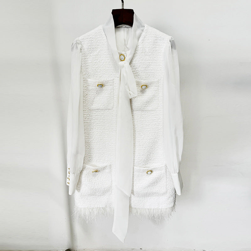 Fashionable Feather Hem Chiffon Stitching Tweed Dress