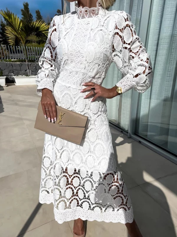 Sexy Hollow Long-sleeved Stand Collar Large Dress