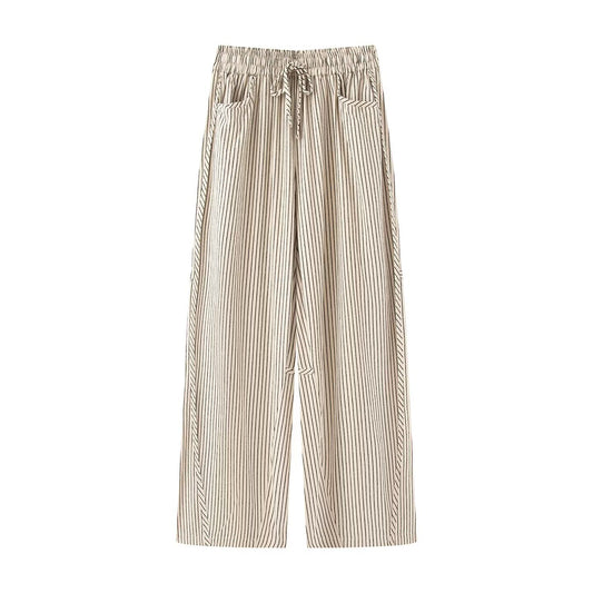 Women's Autumn Elastic Waistband Vertical Stripes Casual Pants