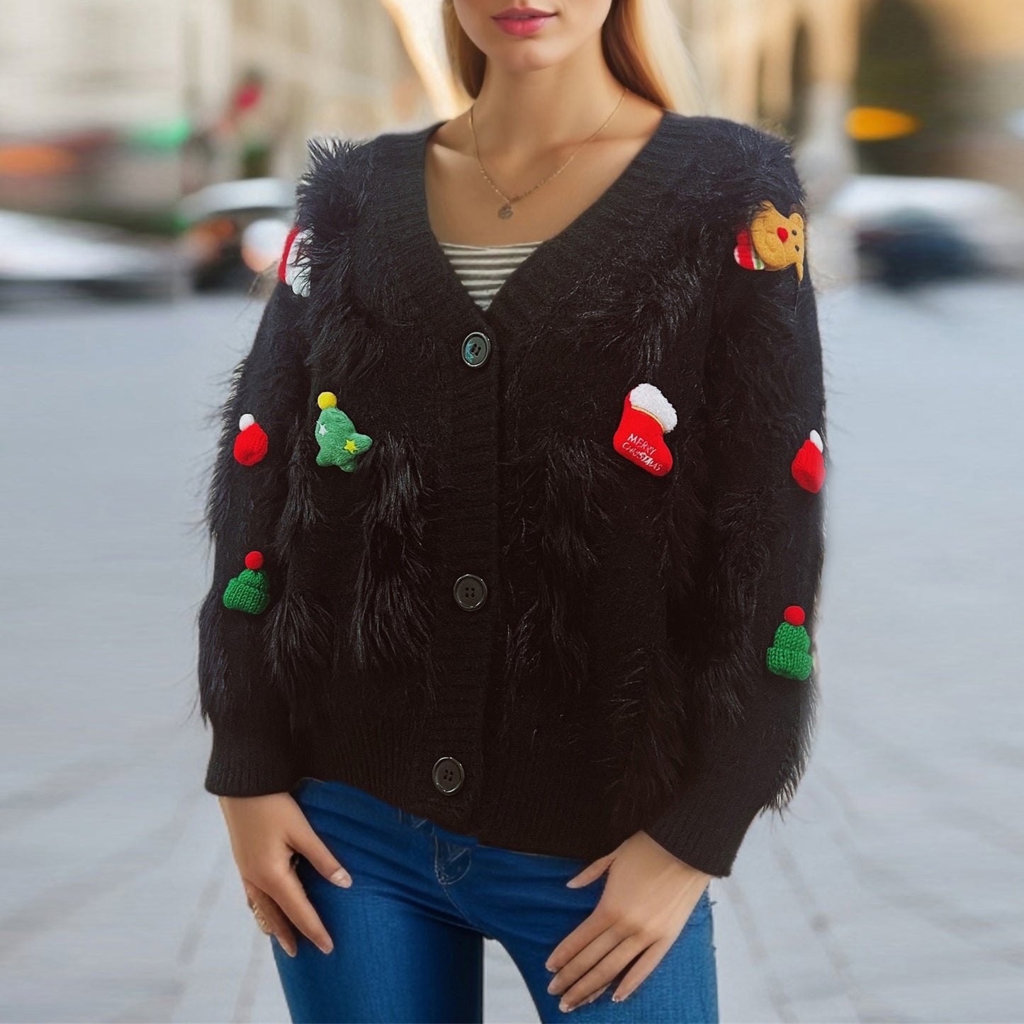 Women's Red Christmas Wool Three-dimensional Decoration Single-breasted Knitwear