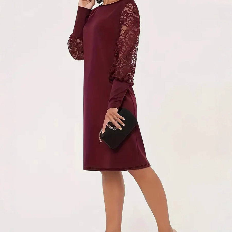 Women's Round Neck Long Sleeve Hollow Lace Slim Fit Dress