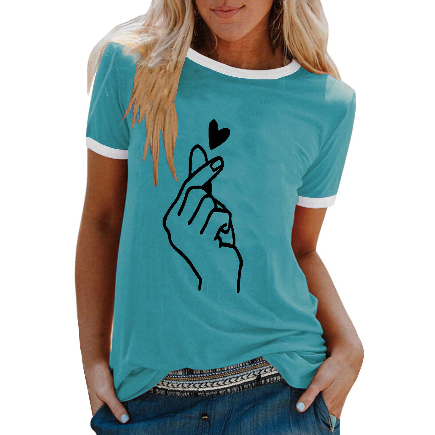 Women's Summer Shirt Finger Print Loose Round Neck Women's T-shirt