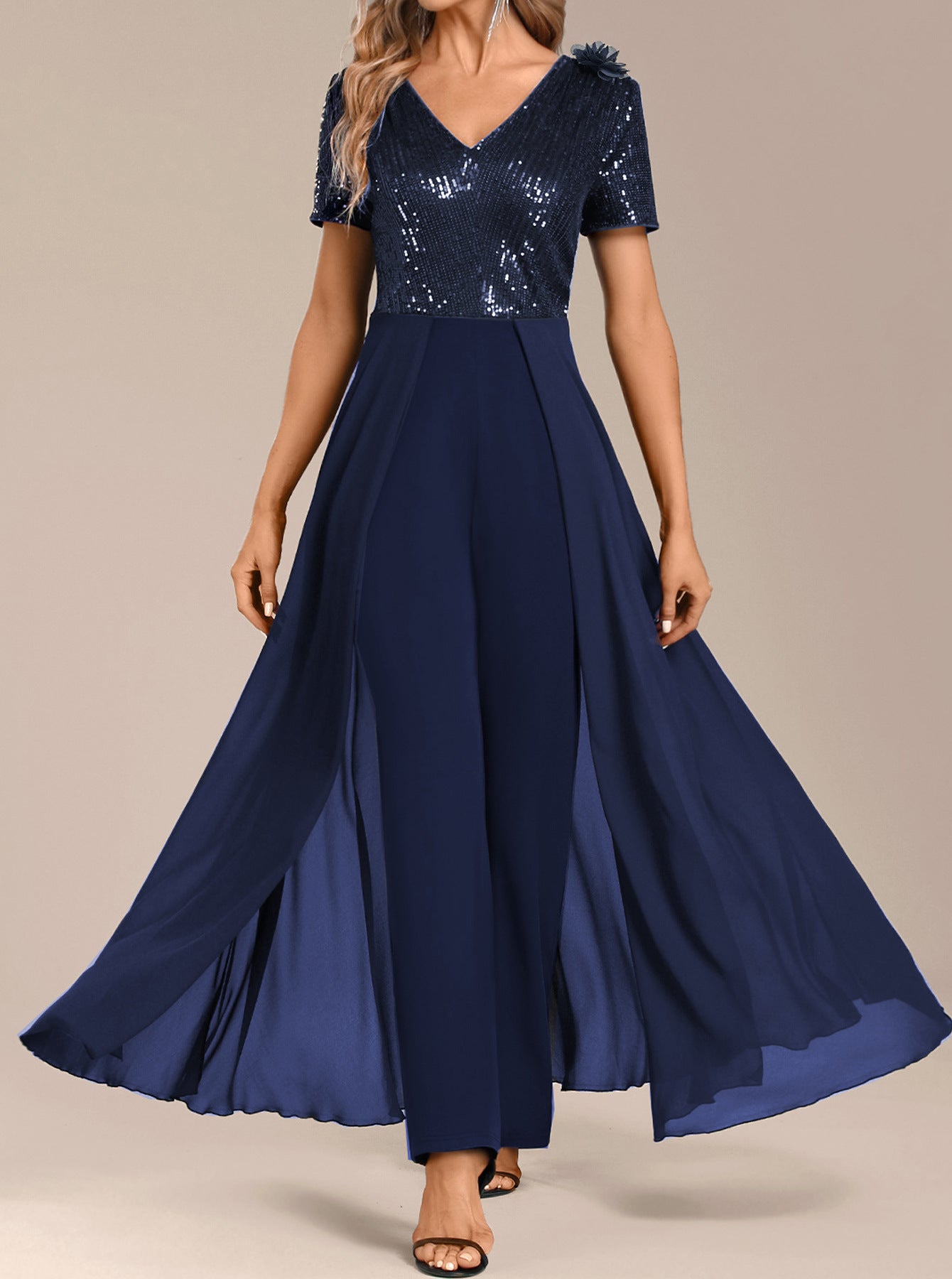 Women's Solid Color Elegant Chiffon Sequin Stitching Jumpsuits