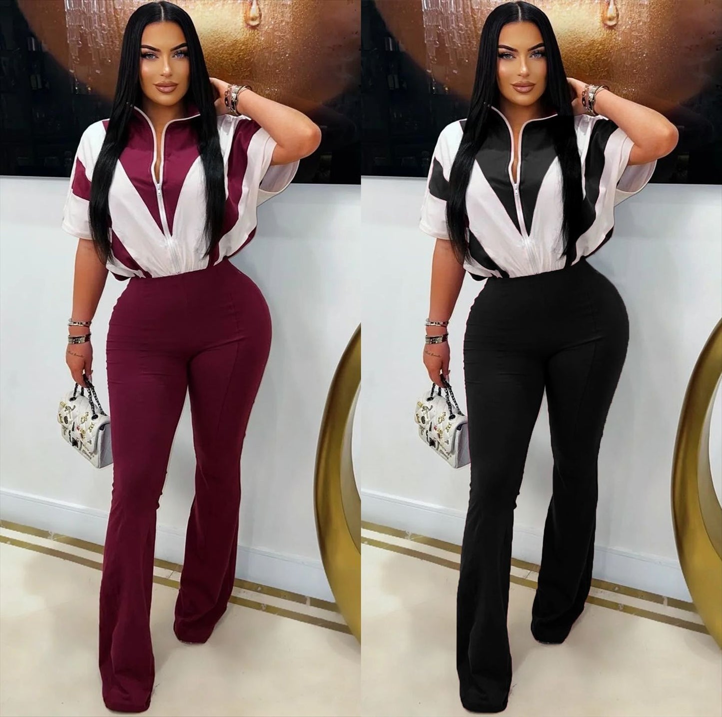 Women's Fashion Casual Zipper Stitching Contrast Color Jumpsuits