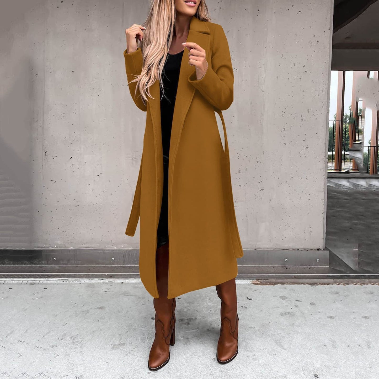 Women's Solid Color Polo Collar Long Sleeve Tied Coats