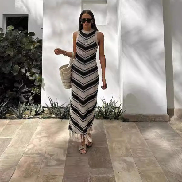 Women's Striped Tassel Knitted Dress Sleeveless Summer Dresses