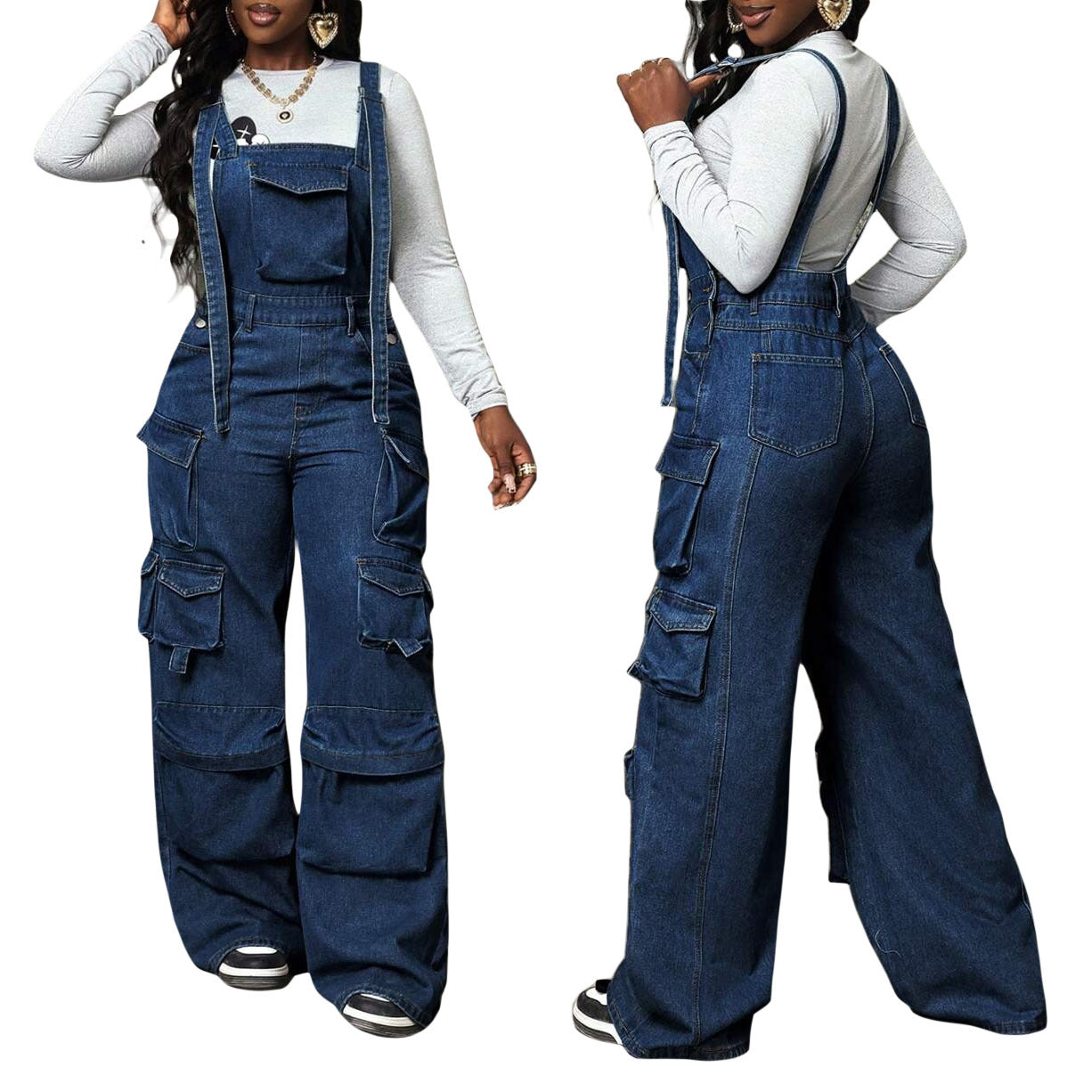 Attractive Wide Leg Denim Loose-fitting Overalls Jumpsuits