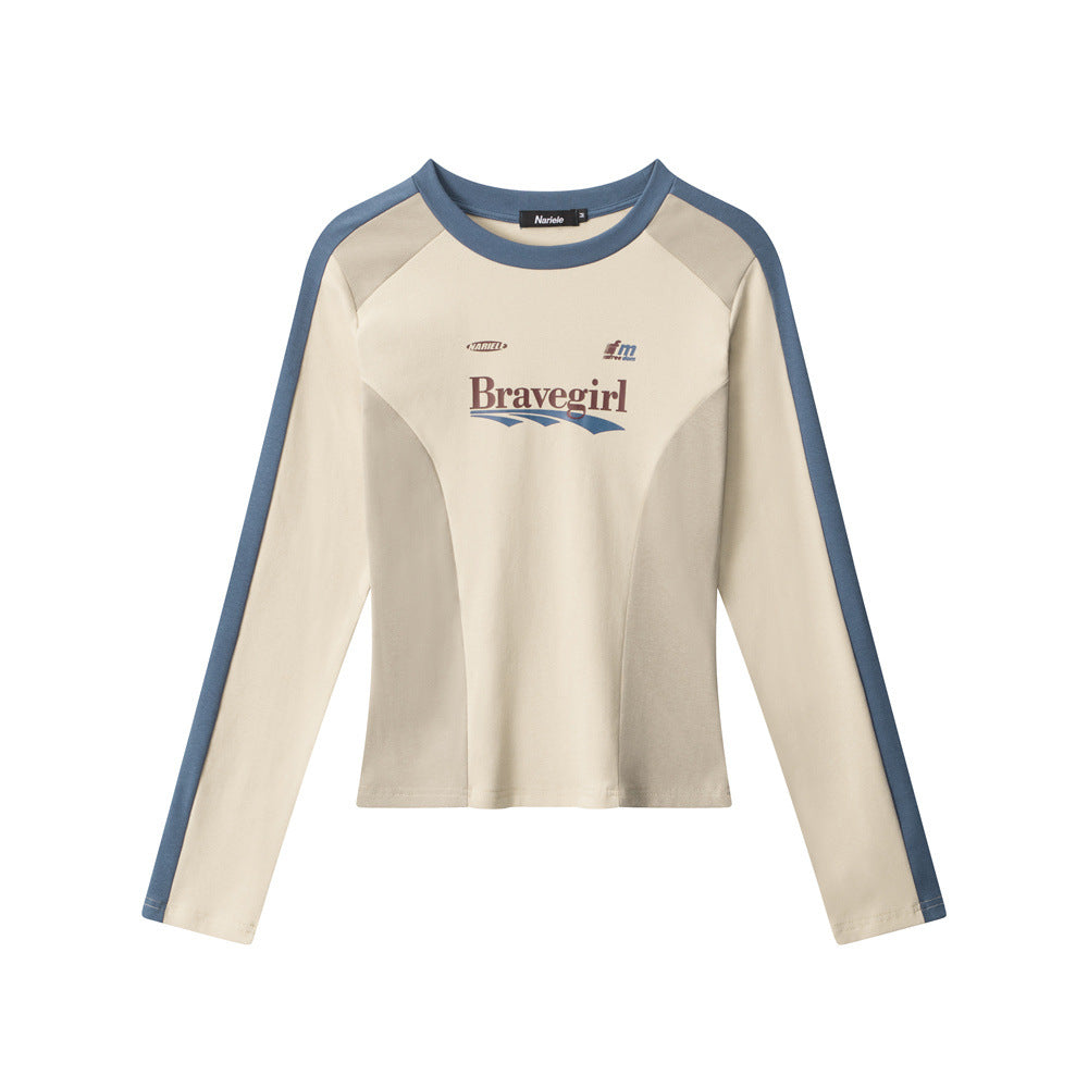 Women's Retro Long Sleeve T-shirt Contrast Color Inner Blouses