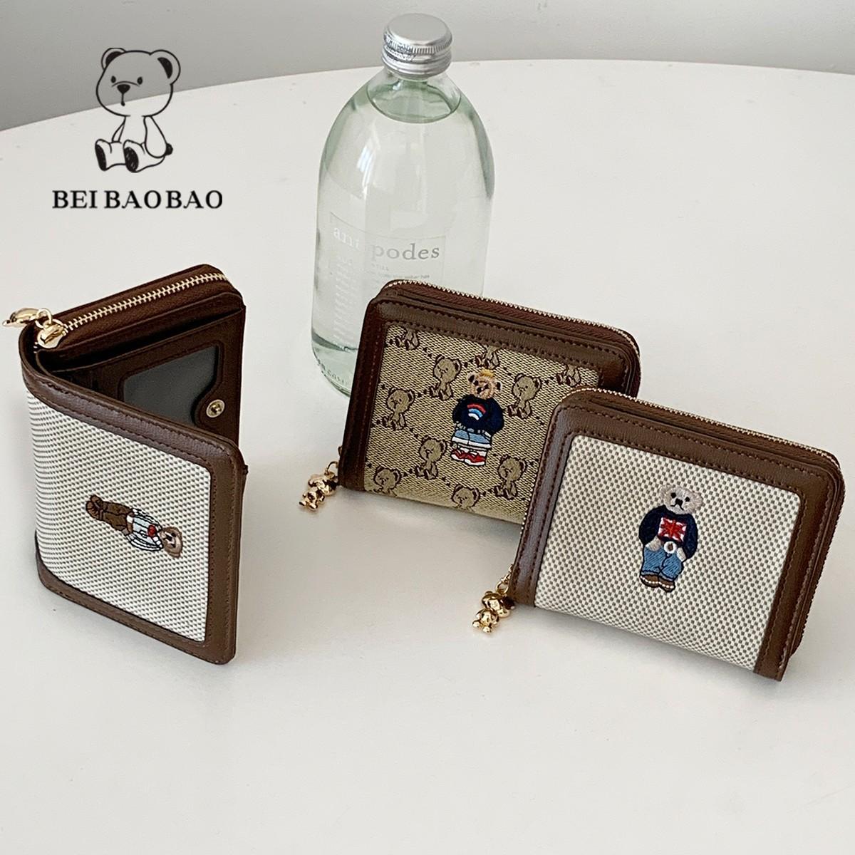 Women's Large Capacity Bear Embroidery Canvas Folding Ladies Wallets