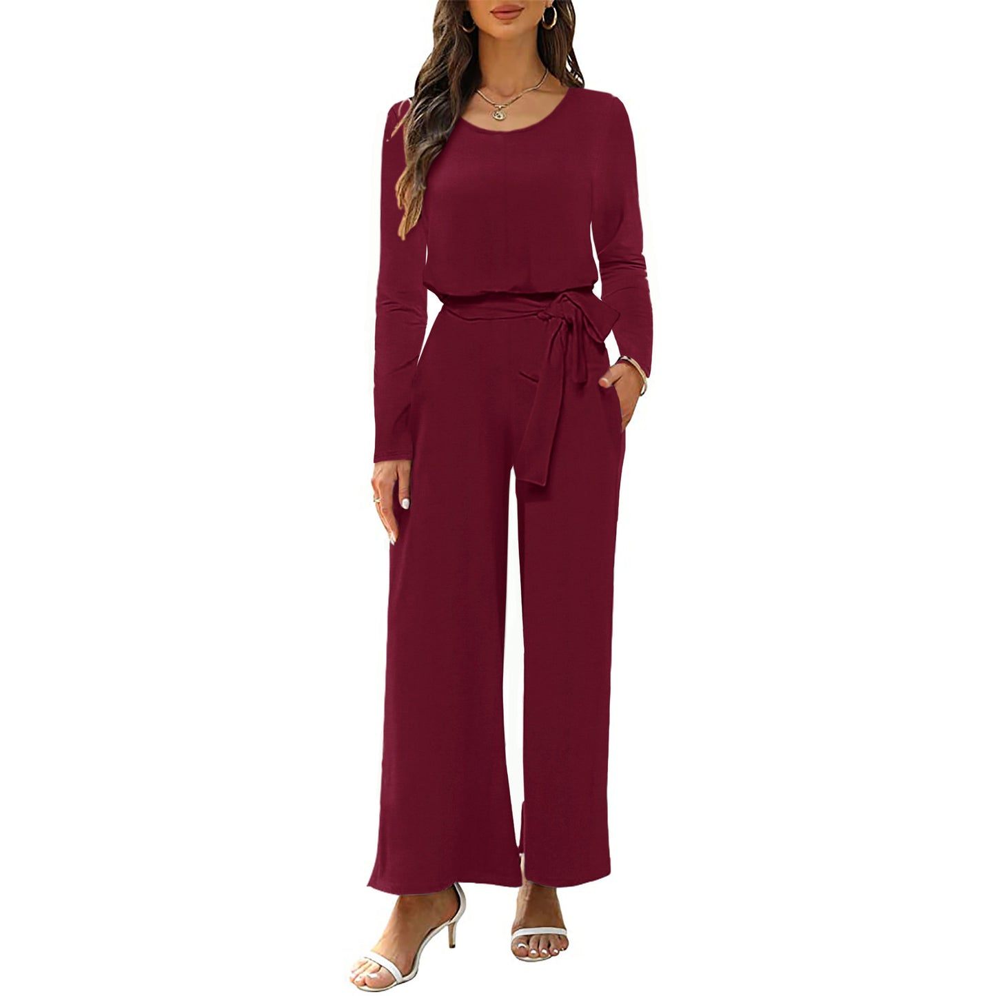 Neck Long Sleeve Waist One-piece Belt Jumpsuits
