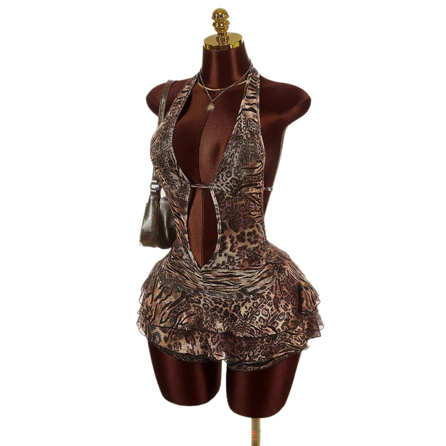 Leopard Print Halter Deep V Sexy Jumpsuits