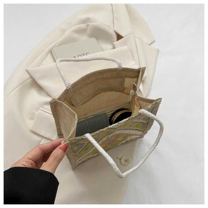 Women's Ethnic Style Canvas Summer Fashion Out Portable Linen Lunch Bags