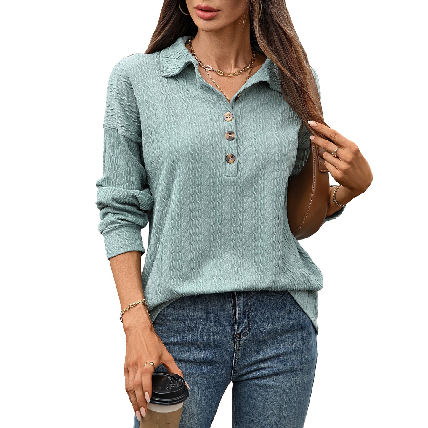Women's Solid Color Polo Collar Button Loose Long Sleeve Women's Sweater, Sweater