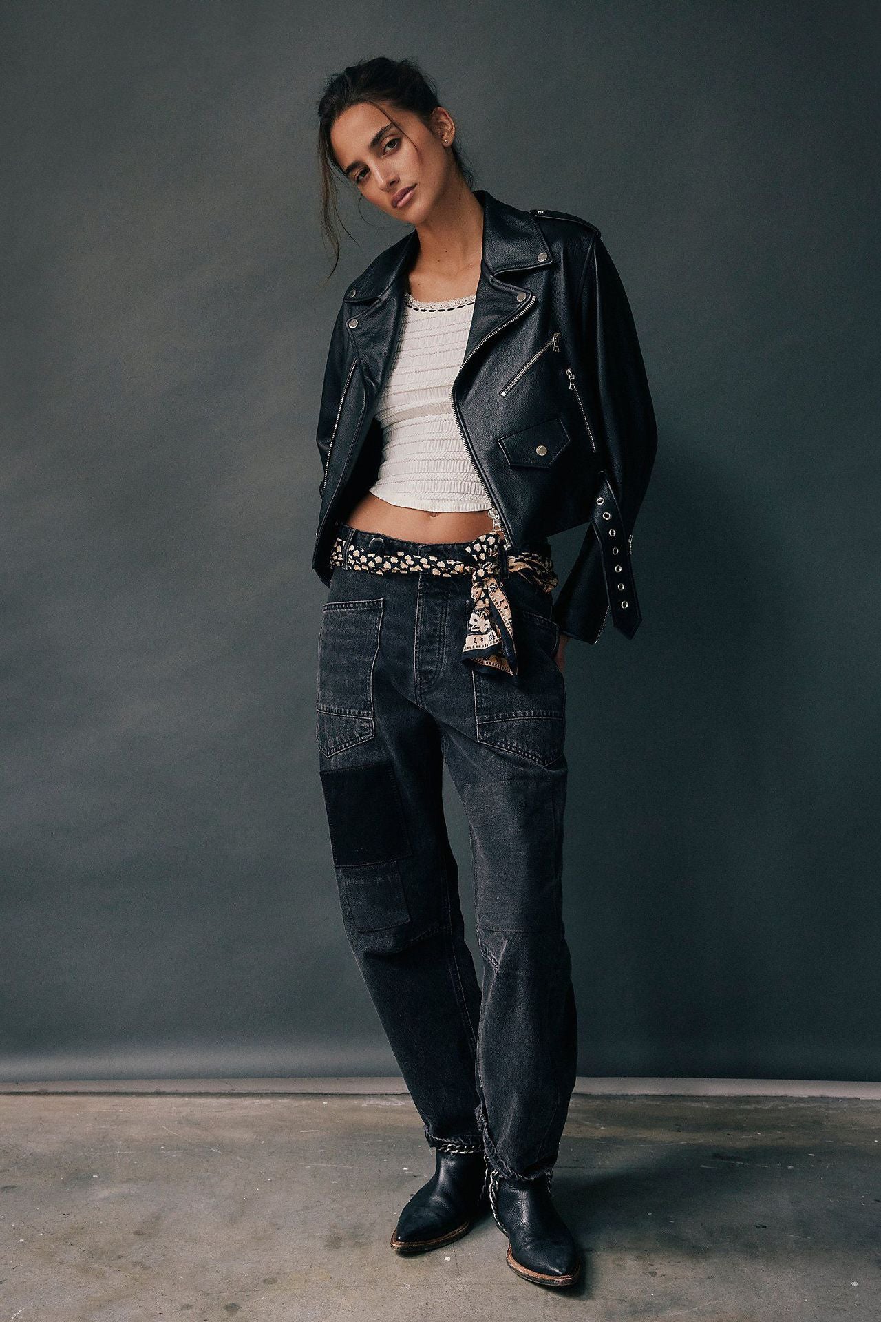 Retro Washed Stitching Patchwork Straight Drawstring Women's Jeans