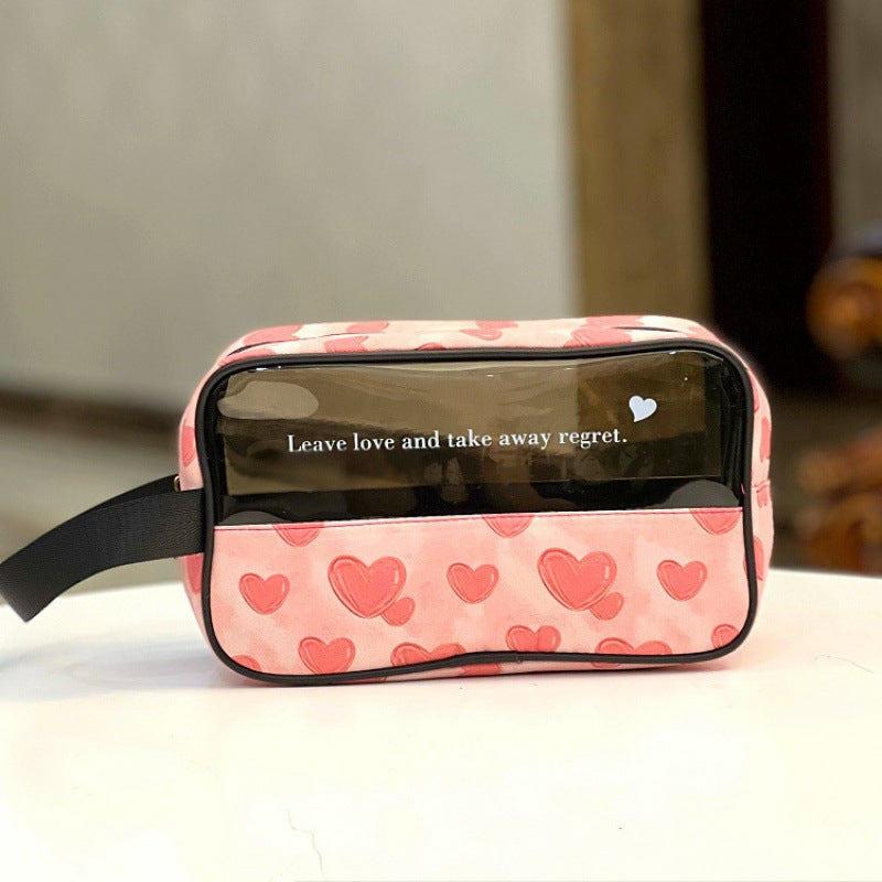 Zipper Translucent Love Peach Heart Flocking Large Capacity Portable Handbags