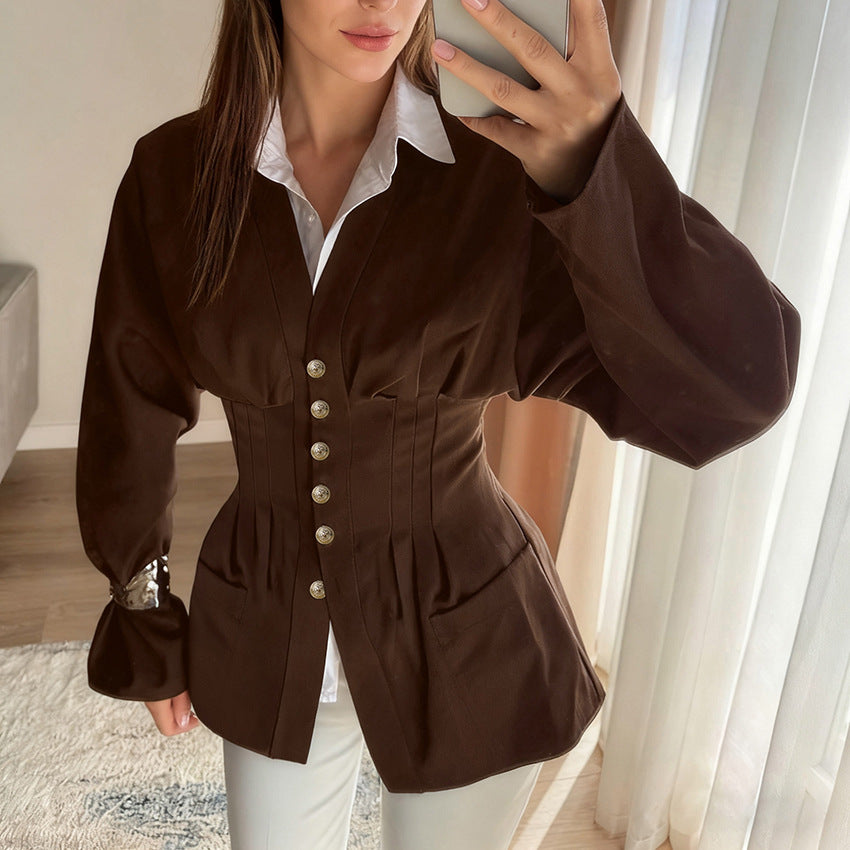 Women's Slim Waist Retro Pleated Slimming Early Blouses