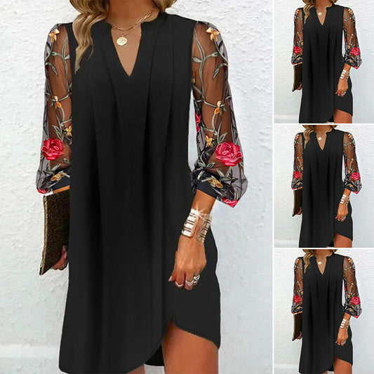 New Women's Summer Long-sleeved Floral Pleated Dress