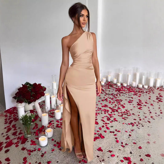Pleated Split Sexy Short-sleeved Satin Summer Dress