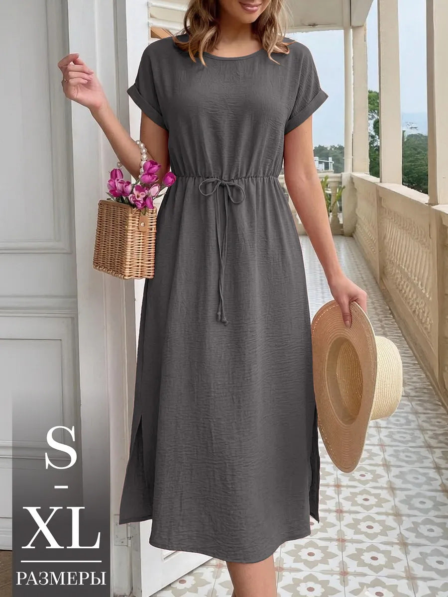 Women's Summer Casual Round Neck Loose Waist Trimming Short-sleeved Dress