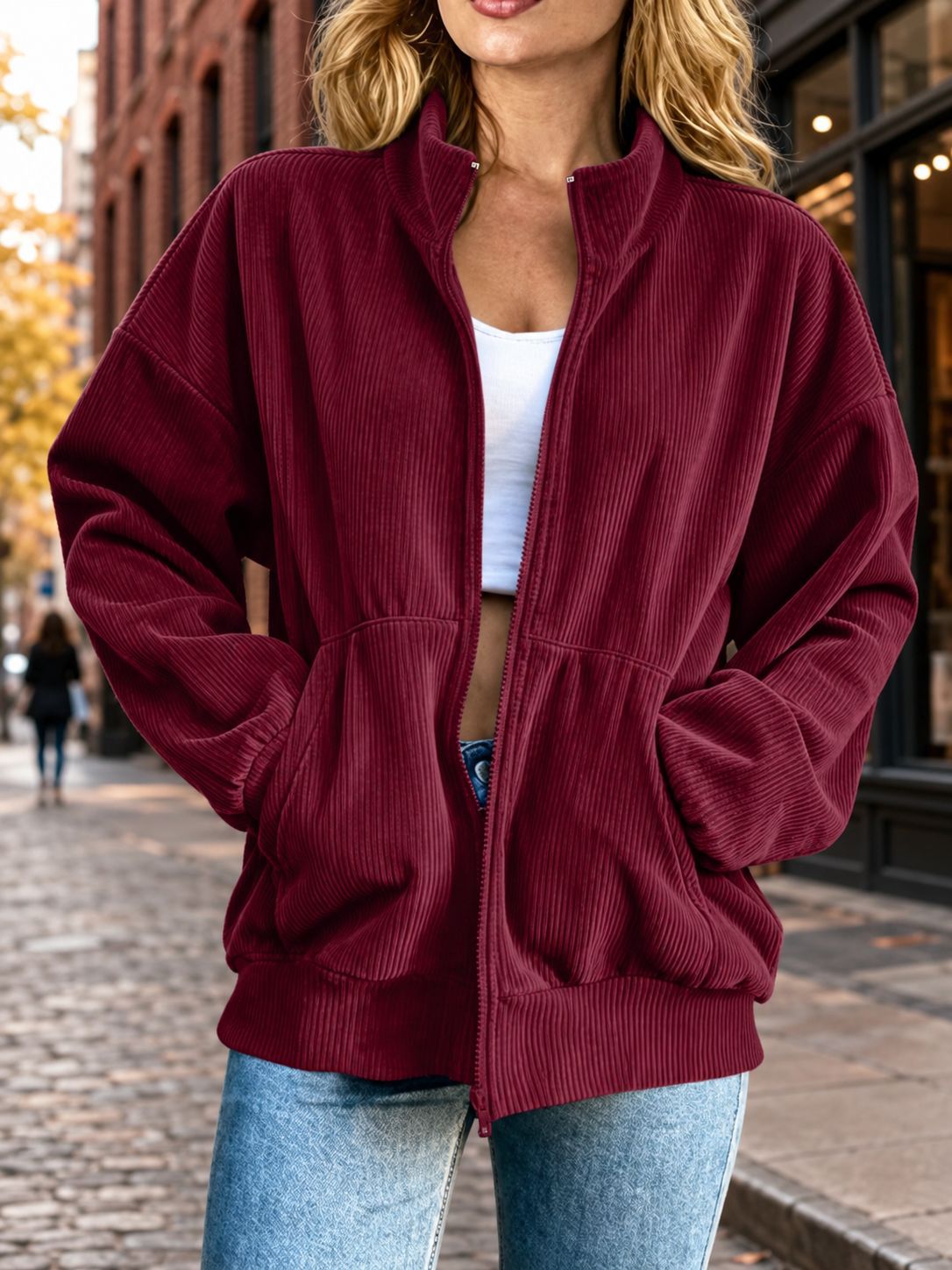 Women's Retro Corduroy Stand Collar Zipper Drop Shoulder Loose Casual Long Women's Sweater, Sweater