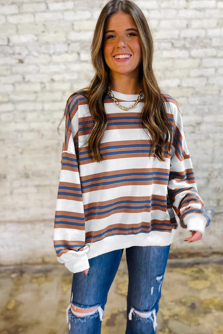 Women's Knitted Fashion Loose Slimming Contrast Color Round Women's Sweater, Sweater