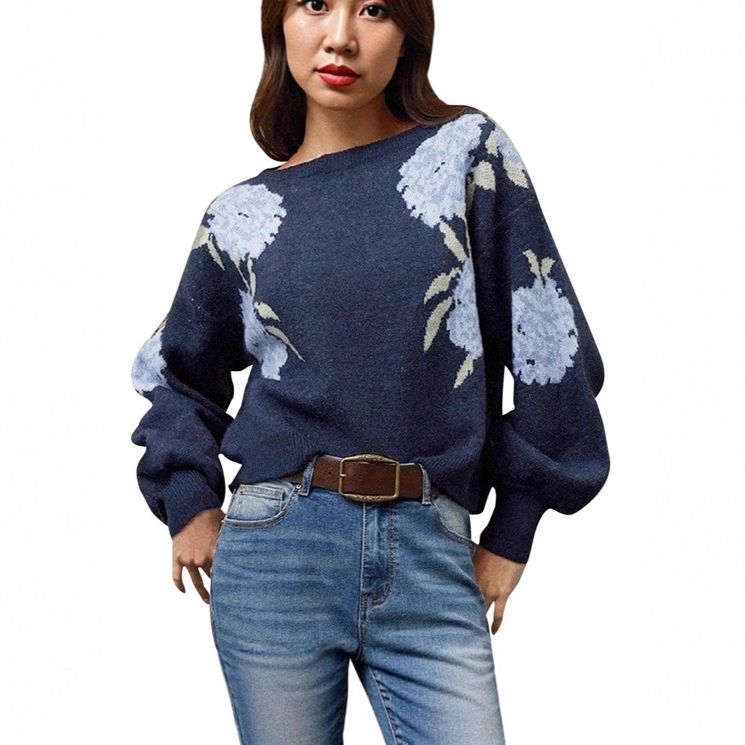 Women's Flower Jacquard Pullover Korean Loose Casual Sweaters