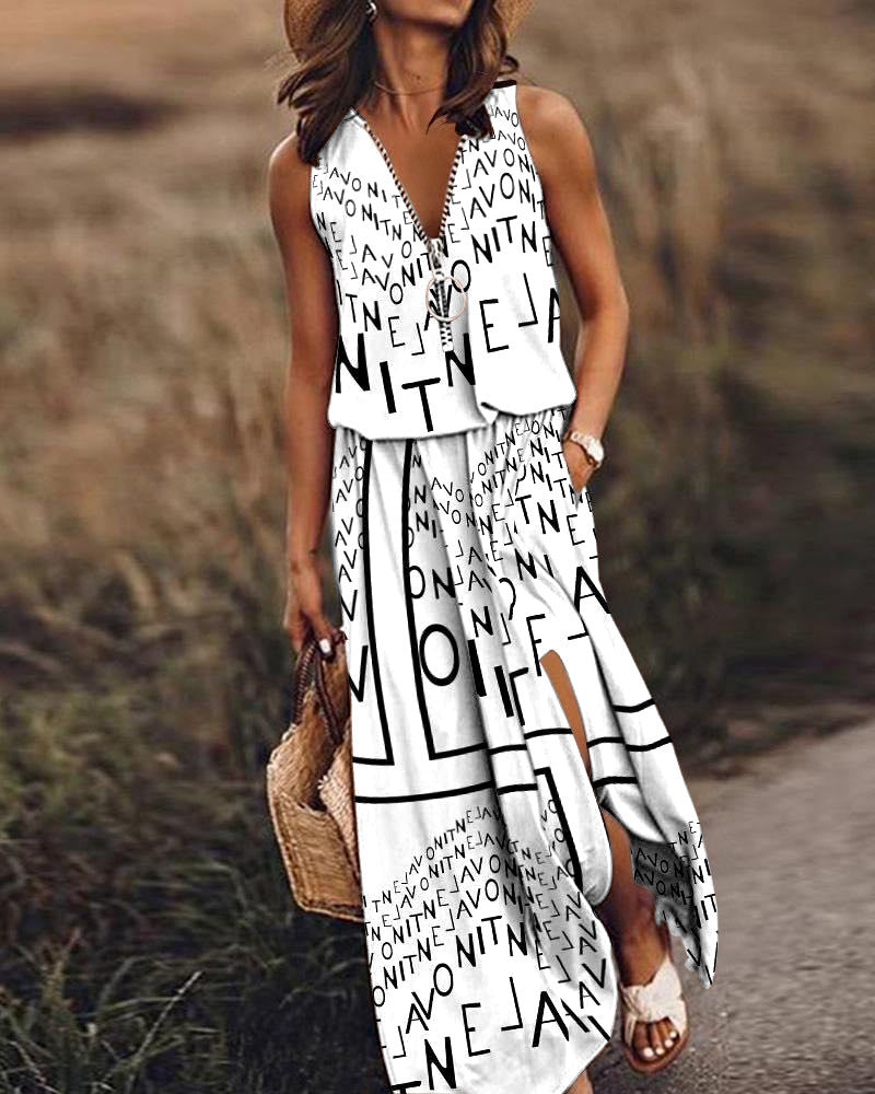Women's Sleeveless Long Casual Waist Zipper Letter Dress
