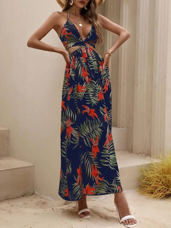 Printed Backless Bow Dew Back Collar Dress