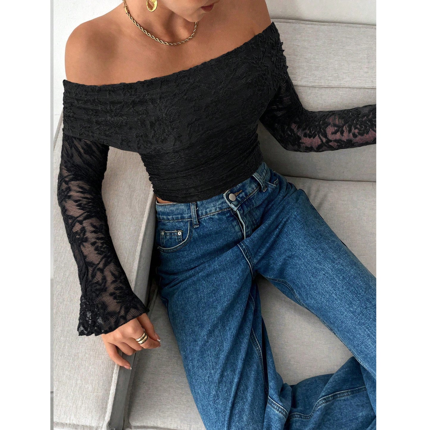Women's Flower Lace Collar Long Sleeve Backless Blouses