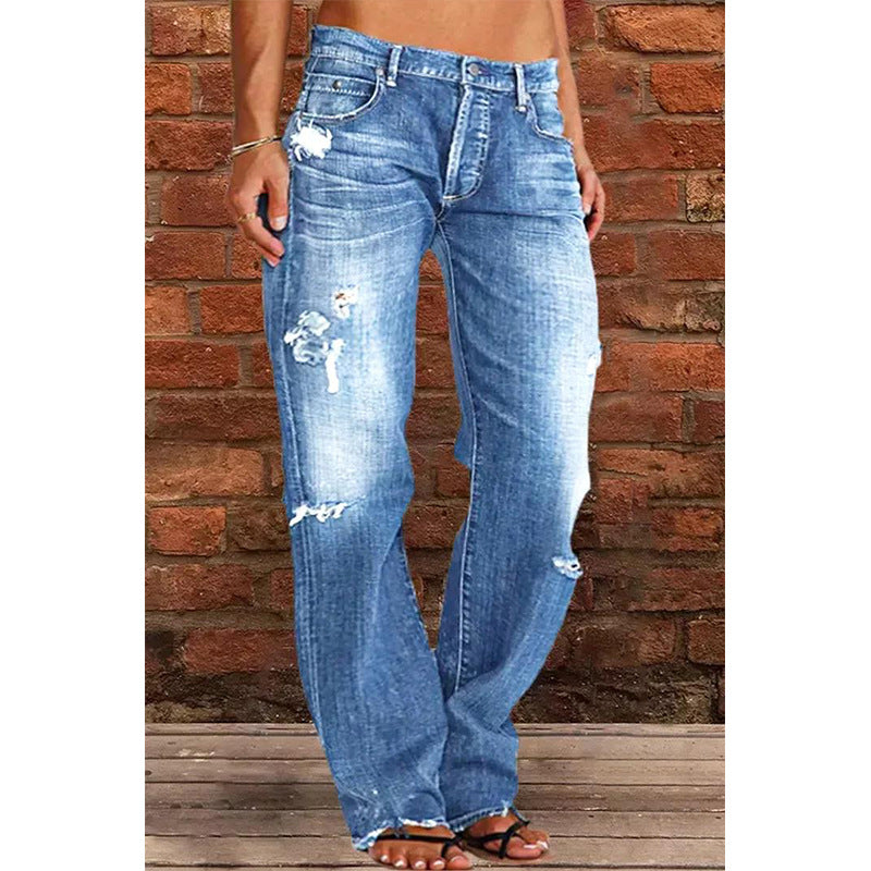 Women's Denim Trousers Trendy Mid Waist Ripped Jeans