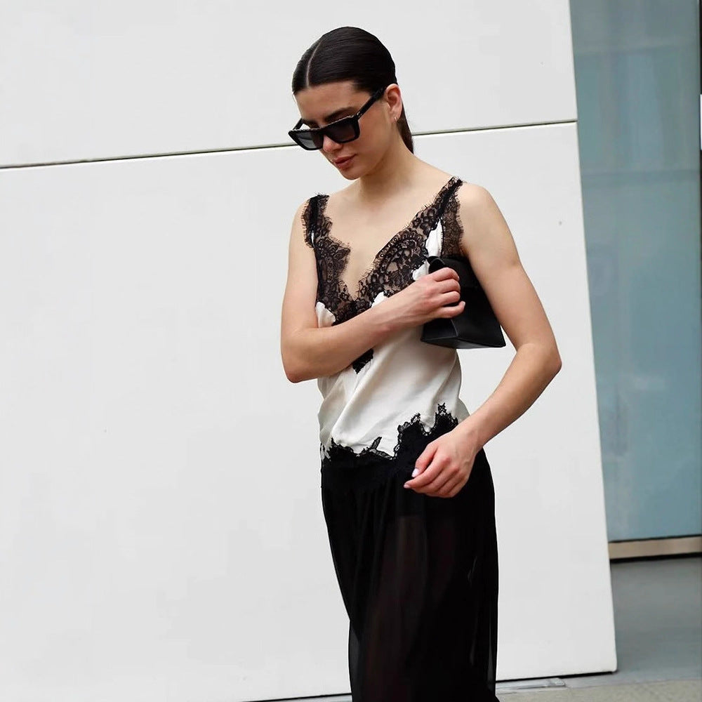 Women's Hot Style Slim Lace Stitching Satin Tops