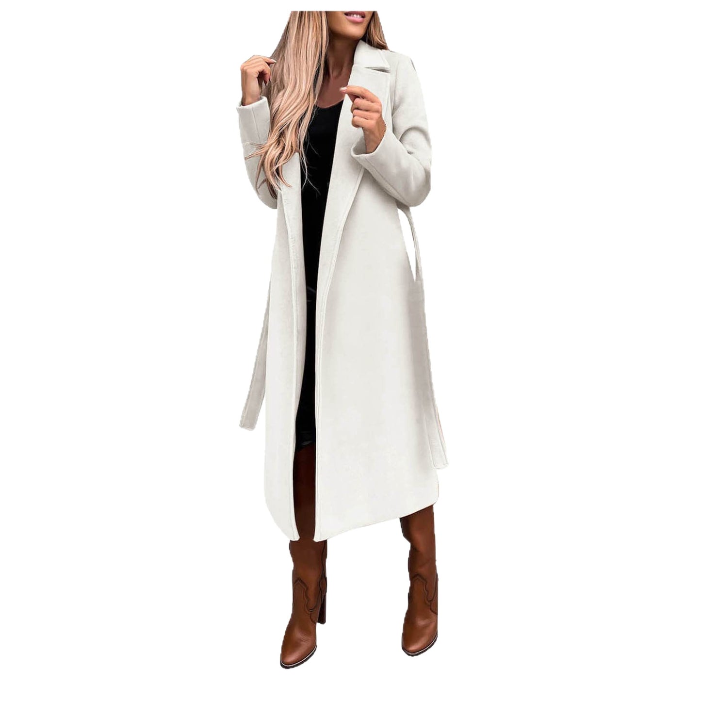 Women's Solid Color Polo Collar Long Sleeve Tied Coats