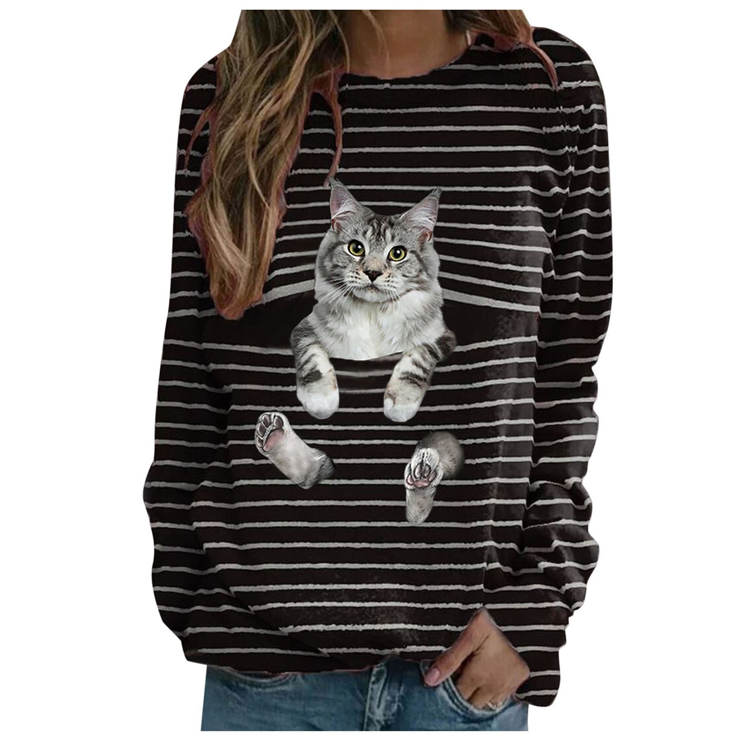 Women's Cat Printing Casual Long Sleeve Striped Women's T-shirt
