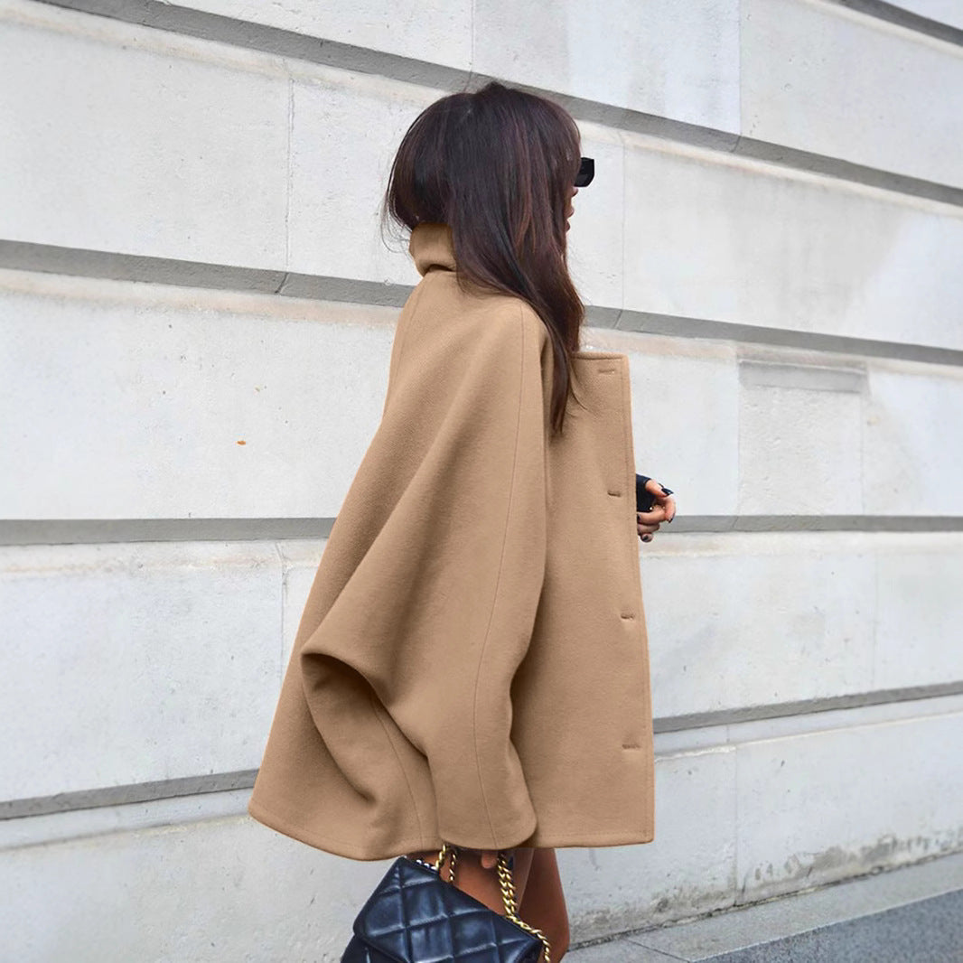Women's Fashion High-grade Brown Woolen Lapel Batwing Sleeve Clothing