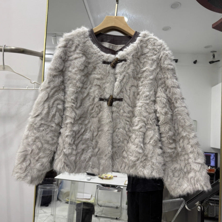 French Design Temperament Crew Neck Furry Imitation Coats