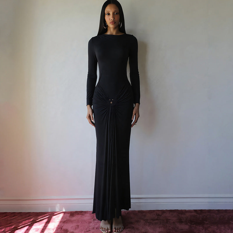 Pure Color Round Neck Long Sleeve Decoration Buckle Dress