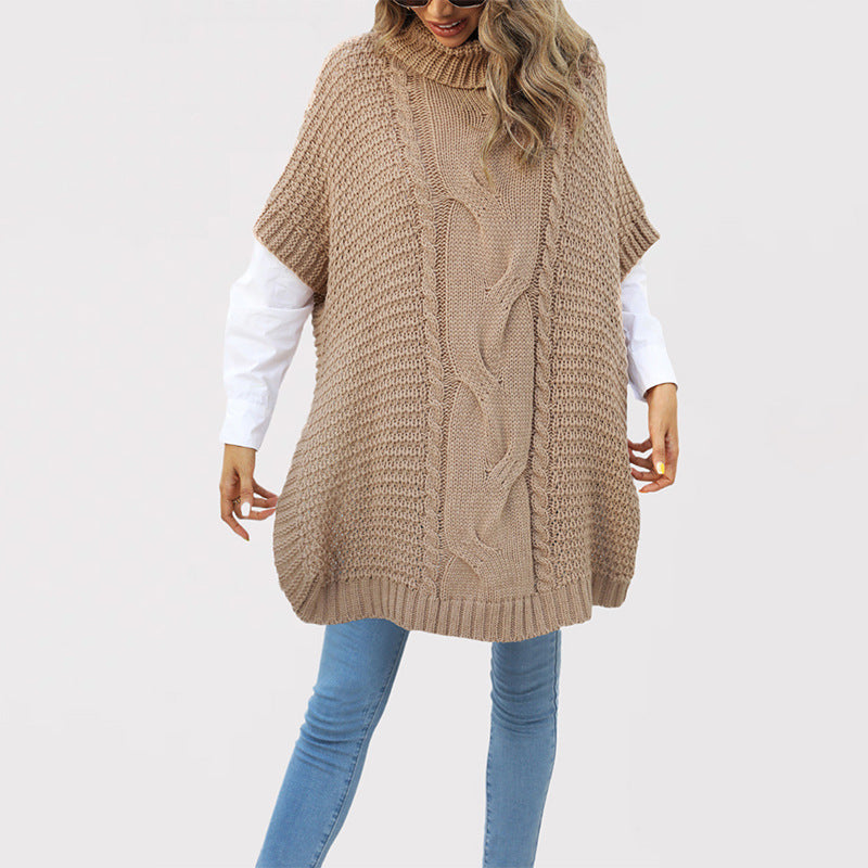 Women's Turtleneck Twist Shawl Loose Half Sleeve Sweaters