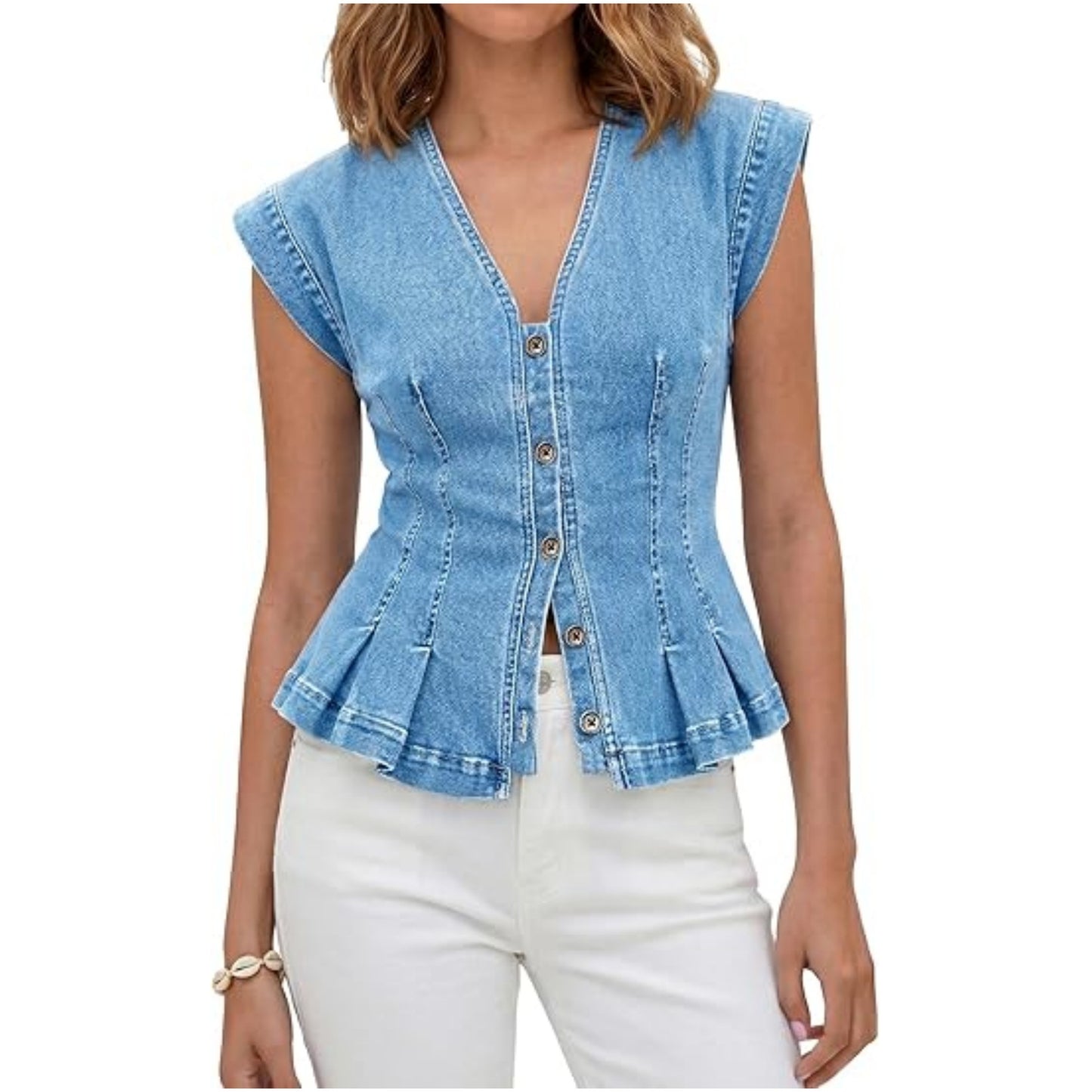 Women's Denim Fashion Casual Buckle Pleated Sleeveless Tops
