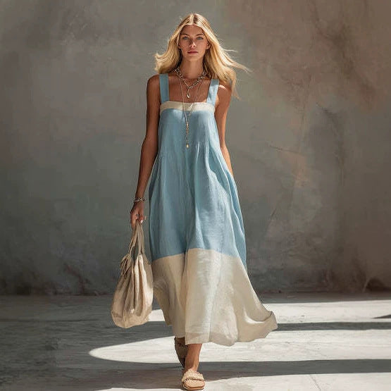 Women's Color Contrast Patchwork Temperament Camisole Long Dress