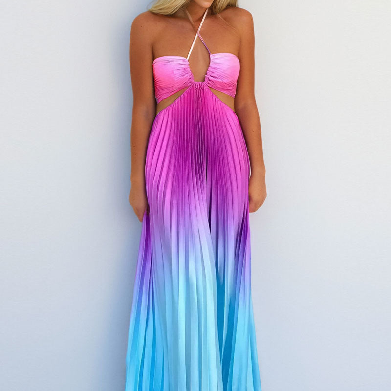 Women's Color Halter Pleated Fashion Long Beach Skirts