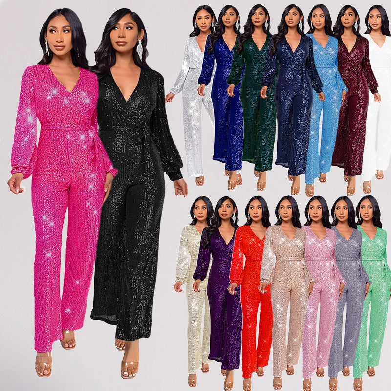 Women's Long Sleeve Summer High Waist Wide Jumpsuits