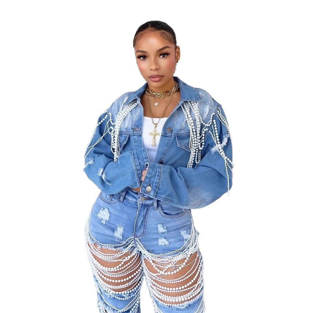 Women's Denim Fashion Pearl Chain Handmade Beaded Jackets