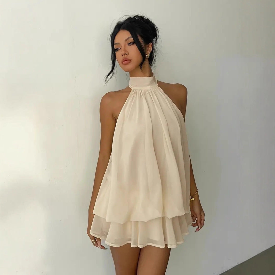 Women's Holiday Sexy Backless Halter Puff Dress