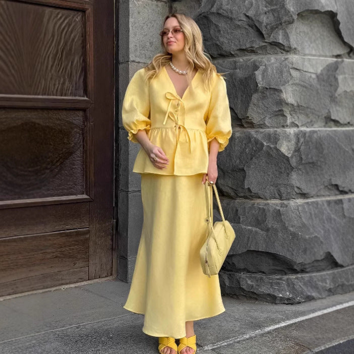 Women's Casual Cotton Linen Puff Sleeve Autumn Design Suits