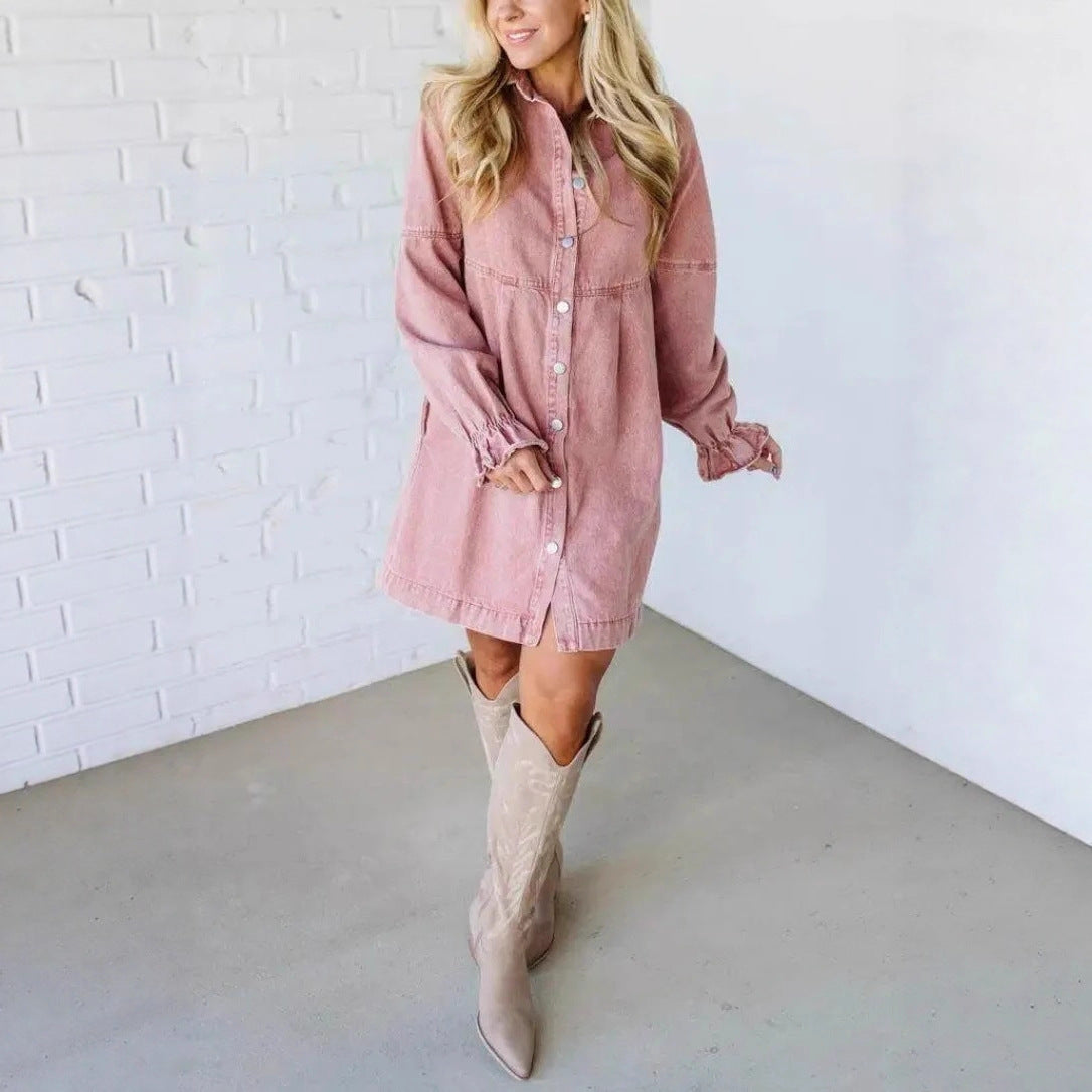 Women's Denim Button Lotus Leaf Long Sleeve Loose Dresses